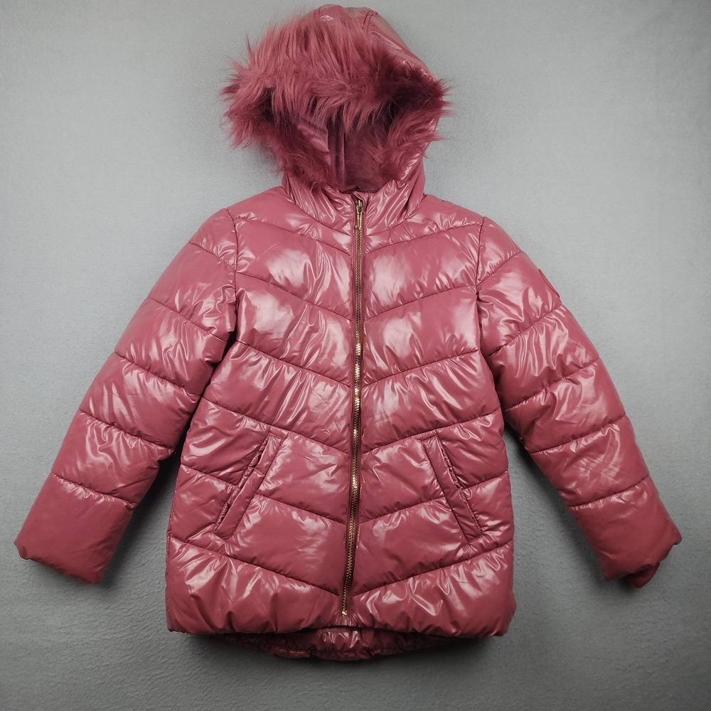 Juicy Couture Puffer Jacket Youth 7/8 Pink Quilted Hooded Faux Fur Logo Winter